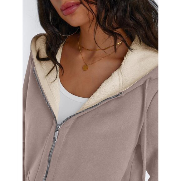 Womens Coffe egreyFleece Lined Zip Up Hoodie Jacket Winter Sweatshirt Fall Coat - Picture 5 of 5